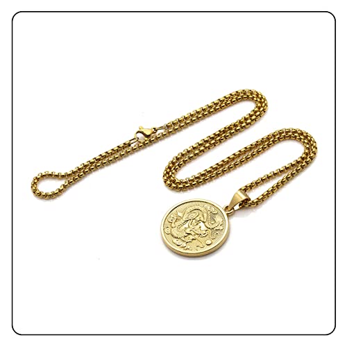Fusamk Hip Hop 18K Alloy Dragon Round Tag Pendant Coin Necklace(Gold) #TOP4