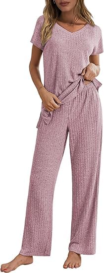 ELESOL Womens Pajamas 2 Piece Lounge Sets Ribbed Knit Matching Outfits V Neck Sleepwear Loungewear