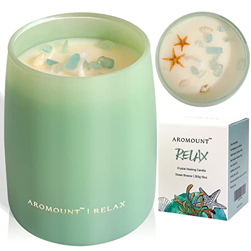 Ocean Breeze Scented Candle With Crystal Inside, Healing Aquamarine Crystal Candle With Sea Star & Conch Decors, 10Oz Soy Wax 55 Hours Long Lasting Burn, Perfect Spiritual Aromatherapy Gift | Relax #TOP23