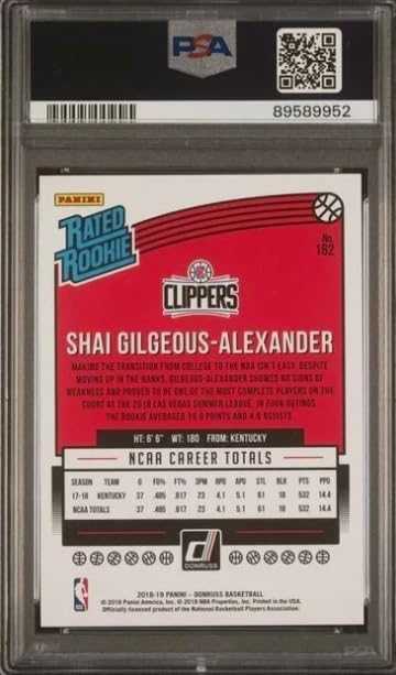 2018 Panini Donruss Shai Gilgeous-Alexander Rookie RC Basketball Card Graded PSA 9 Mint card #162