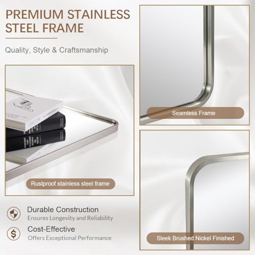 Image of ANDY STAR 28x36 INCH Brushed Nickel Mirror, Rounded Rectangle Brushed Silver Metal Framed Mirrors for Bathroom Anti-Rust SUS304, Tube Metal Frame, 1'' Deep Wall Mounted Vertically /Horizontal
