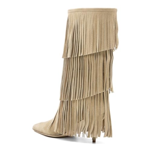 MAVMAX Fringe Knee High Cowgirl Boots Suede Tassel Kitten Heel Boots Western Pointed Toe Boot for Women2