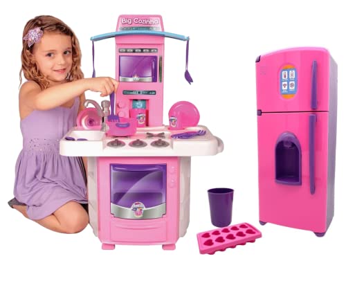 Geladeira Infantil + Cozinha Infantil Fogão E Pia Sai Agua