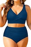 Aqua Eve Women Plus Size Two Piece Swimsuit High Waisted Bikini Set Tummy Control Bathing Suit Classic Blue 16W