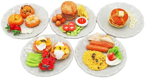 5 Pieces Burger, Egg Benedict,Omelet,Bagels and Pancake Dollhouse Miniatures Food Breakfast Miniatures Food Set On Ceramic Plate for Home Kitchen Miniature