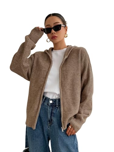 Image of SOLY HUX Zip Up Cardigan for Women Hooded Cardigan Sweater Knitted Drop Shoulder Fall Clothes Winter Hoodies Outerwear Plain Coffee Small