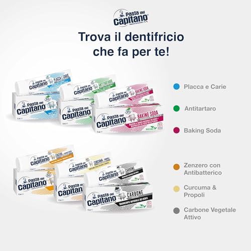 Pasta del Capitano, Dentifricio Antitartaro Bio, Dona Freschezza e Rinfresca l'Alito, Ideale per i Fumatori, Aiuta a Prevenire la Placca, 100% Made in Italy, Tubetto da 100 ml - Immagine 4