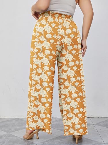 AusLook Plus Size Wide Leg Pants for Women High Waist Elastic Drawstring Palazzo Casual Lounge Beach Travel Vacation Resort White Flower Yellow 1X Pants with Pockets Flowy Summer Comfy Outfit — view 2