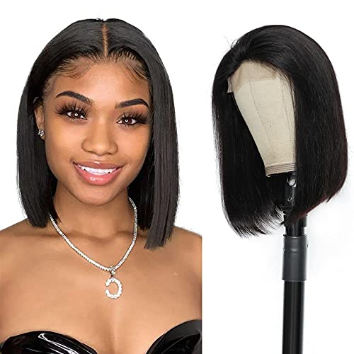 14 Inch Short Bob Wig Human Hair 4x4 Glueless Straight Bob Lace Front Wigs Human Hair Brazilian Virgin Lace Closure wigs for Black Women Natural Color