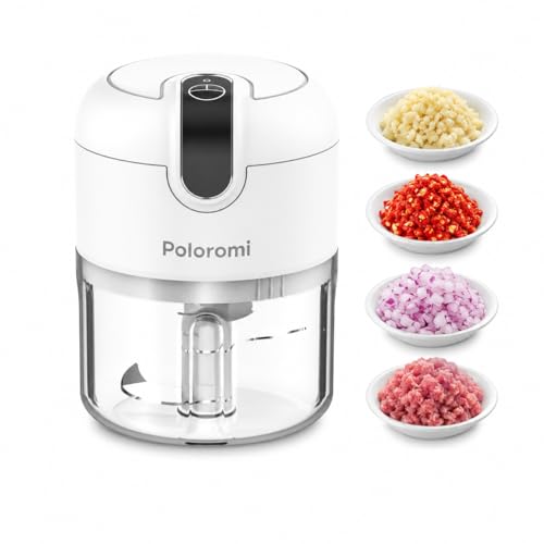 Poloromi Electric Garlic Chopper 250ML, Cordless Mini Food Processor & Food Chopper, USB Rechargeable Small Veggie Chopper, Stainless Steel Blades for Onion, Ginger, Chili, Herbs, White