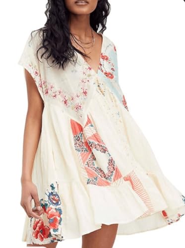 Women’s Boho Mini Dress Y2k Floral Print Deep V-Neck Puff Sleeve Short Dress 2025 Summer Loose Beach Sundress