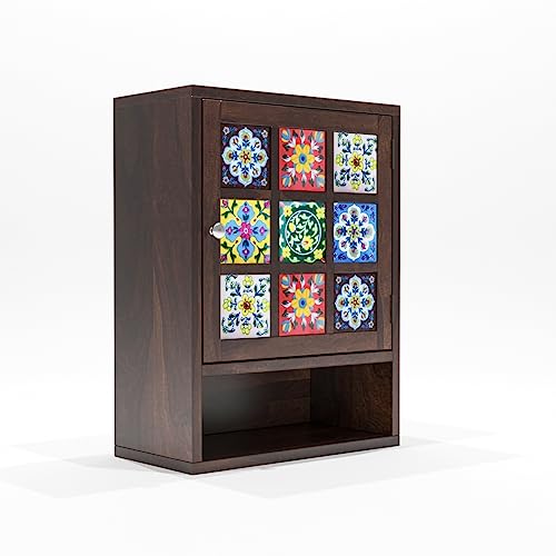 Image of Sheesham Wood Kitchen Cabinet for Home | Wall Mounted Kitchen Rack with Storage | Wooden Kitchen Unit /Organizer with 1 Door & 1 Shelf Storage | Walnut Finish