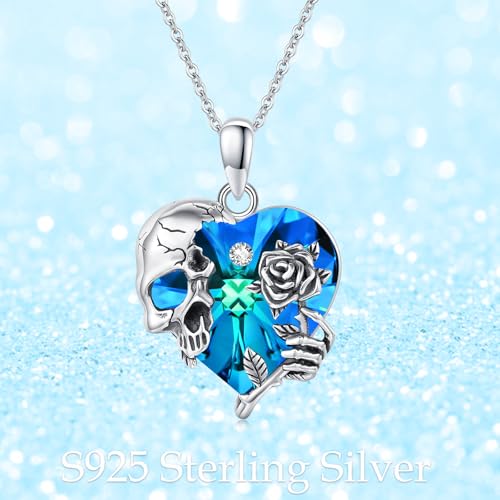 Image of S925 Sterling Silver Skull Pendant Necklace Heart Crystal Birthstone Skull Necklace Gothic Jewlery Gifts