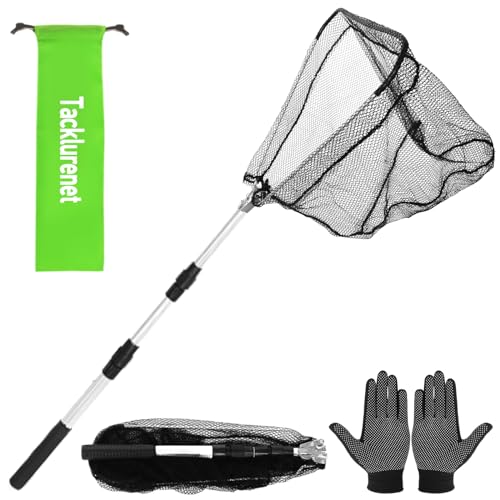Tacklurenet Folding Kayak Fishing Net with Telescopic Fishing Net Three Adjustable Sizes 50in-38in-30in for Small Fishing Net Fishing Landing Net for Rubber Granule Nonslip Gloves Storage Bag