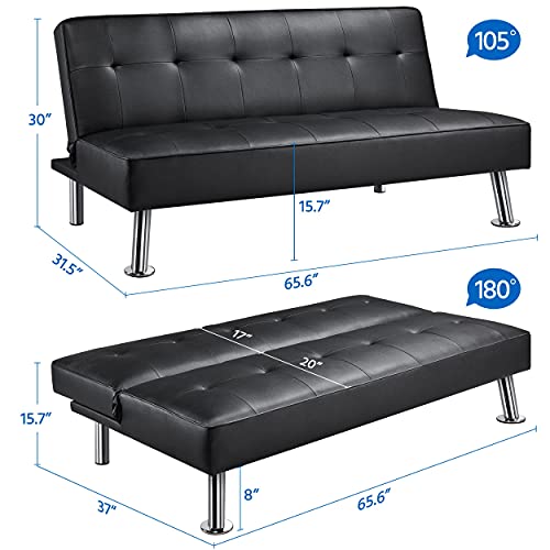 Yaheetech Modern Folding Futon Loveseat Black Faux Leather Futon Sleeper Bed Convertible Futon Couch Bed For Living Room #TOP2