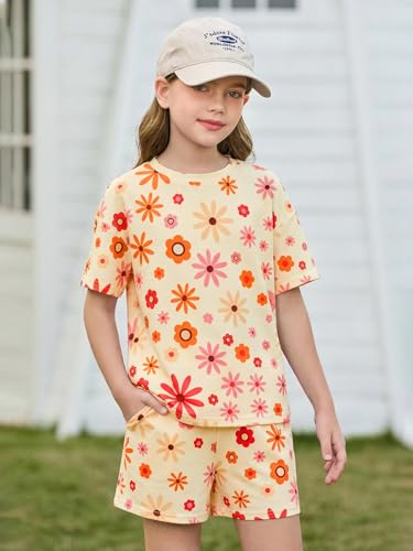 Image of Haloumoning Girls Summer 2 Piece Outfits Kids Oversized T Shirts and Shorts Clothing Sets 5-14 Years