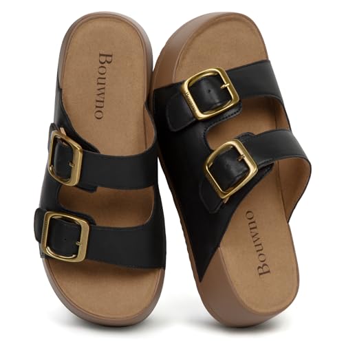 Image of Platform Sandals Women Genuine Leather Slip-on Beach Slide Buckle Comfortable Sandals with Memory Foam Soft Lining and Open Toe Low Wedges