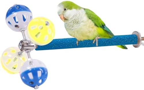 bird toy for ringneck parrot that will surprise your feathered friend 7 Perch Toy with Rotating Balls Suit for Small and Medium Birds, Budgies, Budgerigars, Parakeets, Parrots, Cockatiels, Parrotlets, Lovebirds, Ringnecks, Conures (Natural Pepper Wood, Blue/Yellow)