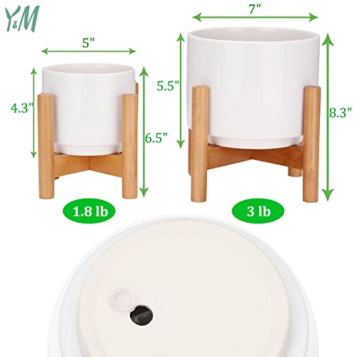 Y&M Set 2 Mid Century Plant Stands With 5 In & 7 In Dia Plant Pots Indoor, Modern Flower Pots With Drainage, Ceramic Planter With Stand For House Plant, Home Decor, Outdoor Garden #TOP1