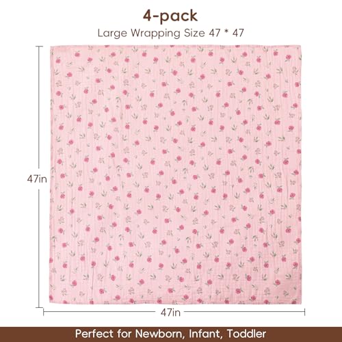Image of david's kids 4 Pack Baby Muslin Swaddle Blankets,100% Cotton and Ultra Soft Breathable Receiving Blanket Wrap for Girls, New Born Essentials, Large 47 x 47 inches, Floral Flowers /Pink