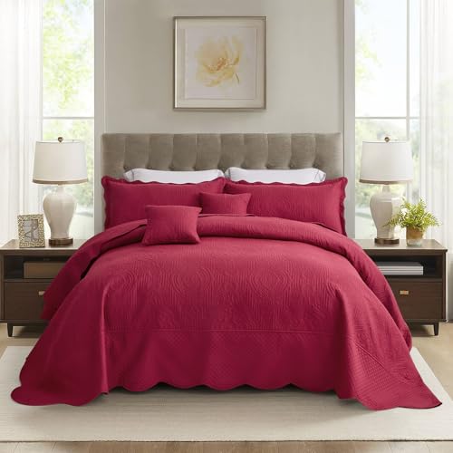 Image of HZ & HY Oversized King Bedspread, Embossed Damask Quilt Set King /Cal King, Lightweight Reversible Coverlet, Scalloped Edge - Warm Traditional Look, 5 Piece, Wine Red