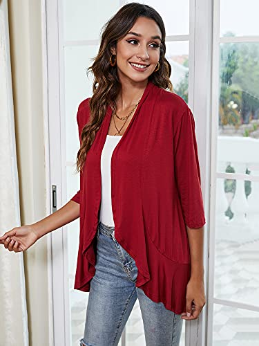 Image of Chunoy Women Solid 3 /4 Sleeve Duster Ruffles Causal Lightweight Kimono Cardigan Open Front Blazer Sweater Tops Wine Red Small