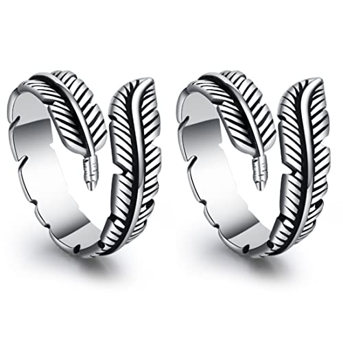 Zeayebsr 2pcs Anneaux pour Femmes Bague Ouverte en Argent Plume en Forme De Plume Bague, Taille Ajustable, Cadeau Personnalisé