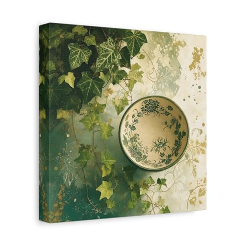 Toile lierre nature vert et or 25x25 cm pour deco de salon rétro