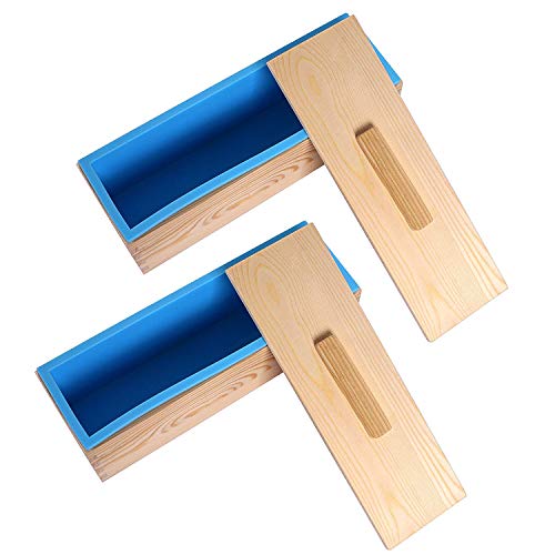 Lot de 2 moules à savon en silicone, moule à pain de 42 oz avec boîte en bois et couvercle, moules à savon rectangulaires flexibles pour la fabrication de savon, bougie, gâteau, chocolats, muffin, pu Cover
