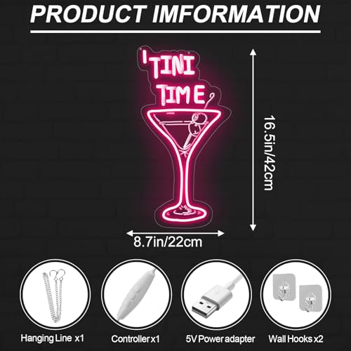 Image of Tini Time LED Neon Sign, Martini LED Light, Elegant Cocktail Glass Neon | USB Powered Dimmable Martini Cocktail Bar Wall Decor, Bar Wall Art, Pub Deoration, Gift for Martinit Lover 16.5 inchx8.7 inch, Pink