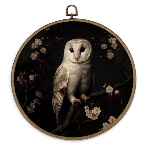 Gnmduw Vintage Moody Barn Owl Wall Art Framed, Dark Academia Whimsical Owls Round Hanging Wall Decor