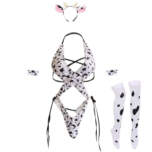 SENJIY sexy cow lingerie for women outfit Cute Naughty anime Cosplay Costume cowgirl Garter Milk Roleplay Bodysuit Mini bikini Top Bra Halter Tail Panty Stocking ears Set for Halloween Christmas