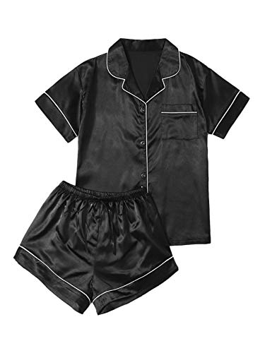 Soly Hux Women's Short Sleeve Satin Sleepwear Button Down Shirt & Shorts Pajama Set Black#1 M #TOP10