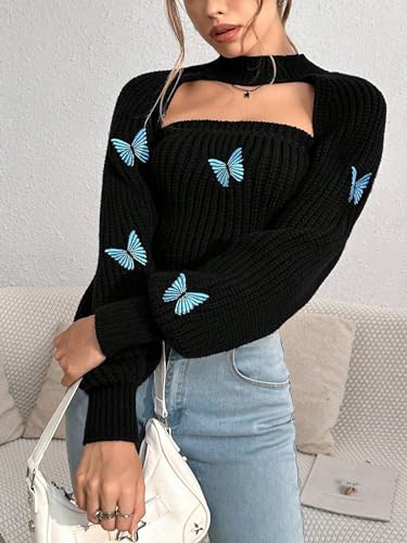 SOLY HUX Sweaters for Women Butterfly Embroidery Tube Knit Tops and Cropped Shrug Sweater4