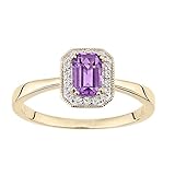 Naava Women's 9ct Yellow Gold Diamond and Amethyst Gemstone Rectangle Cut Ring - Size O