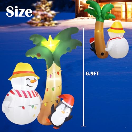7FT Outdoor Christmas Inflatables Hawaiian Tree,Funny Outdoor Inflatable Christmas Palm Tree Snowman and Penguin Lighted,Creative Holiday Blow Up Outside Yard Decoration for Xmas