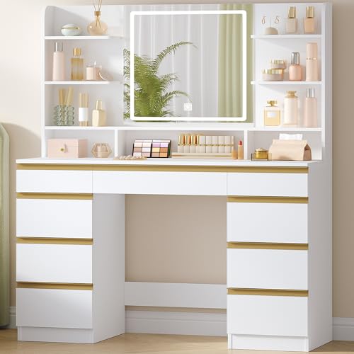 Hzuaneri Grande Coiffeuse avec Éclairage LED, 3 Couleurs, Luminosité Réglable, Miroir, 9 Tiroirs, 9 Étagères Ouvertes, Blanc-Or DT41903X