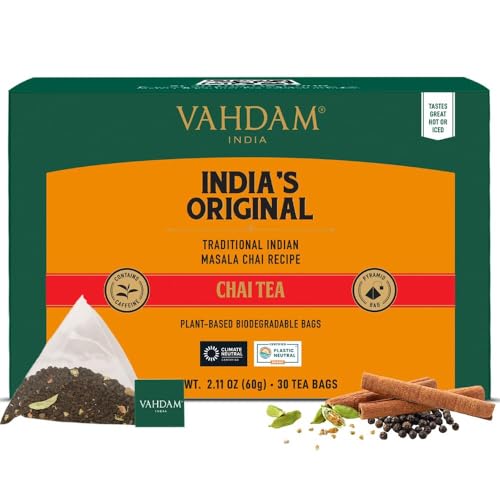 VAHDAM, Original Masala Chai Té (30 Piramidales Bolsitas De Té) Masala Chai | Bolsa De Con Especias Chai | 100% Pura Y Natural | Caliente, Frío O Como Kombucha