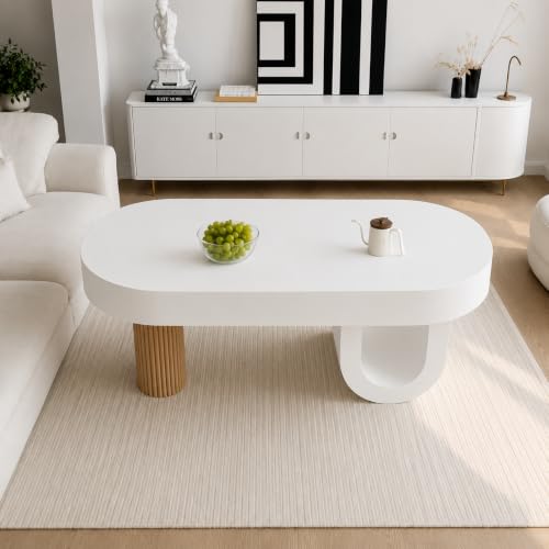 Image of WOODEN SPACE Arcadia Modern Oval Center Table | Designer Coffee Table with Sculptural Base | HDHMR & Wooden Build | Premium Living Room Table