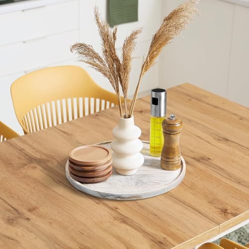 Image of WOOYNEX Round Decorative Tray Serving Trays for Food and Drinks Rustic Wooden Coffee Table Trays Home Decor Farmhouse Centerpiece One Set of Ottoman Kitchen countertops (White Wash)