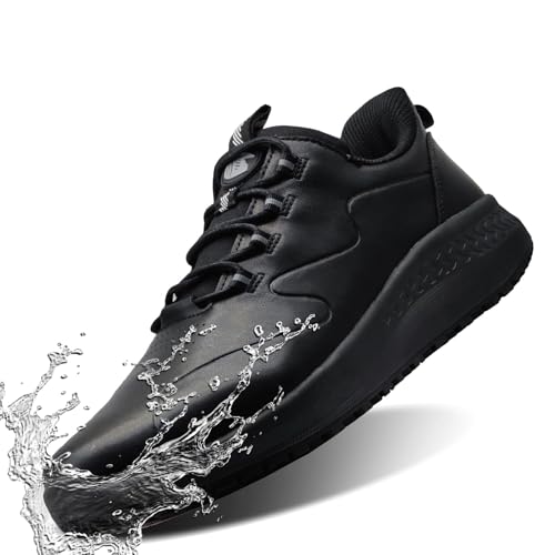 Delobi Non Slip Work Shoes for Women Slip on Waterproof Kitchen Chef Restaurant Walking Sneakers Food Service Working Footwear Leather Nursing Shoe Black Size 7Wide