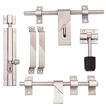 Door Kit, S.S. Door Accessories Kit, 2mm Stainless Steel Door Kit Set (1 Aldrop, 1 Latch, 2 Handles, 1 Tower Bolt and 1 Door Stopper)