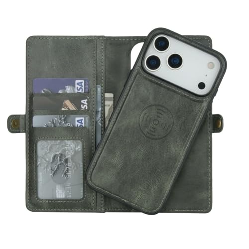 Étui iPhone 15 Pro Max vert foncé en cuir avec portefeuille zippé