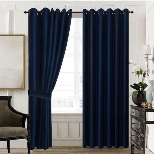 ZIMEL HOMES Thermal insulated curtains-Soft Thick Decorative panel Blackout Curtains -6 colors and Eyelet Ring Top Pair with Free Tie Backs (Navy, 46" Width x 90" Drop)
