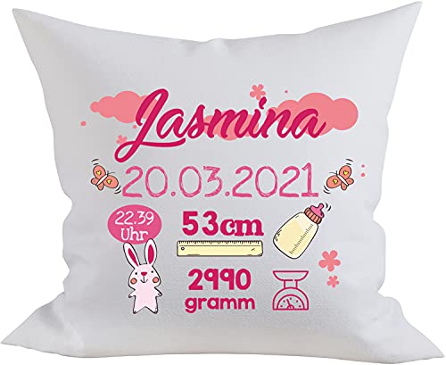 EZYshirt Coussin personnalisé comme félicitations pour la naissance | Cadeaux de naissance | Cadeau de bébé pour garçons et filles, blanc/lapin, 40x40