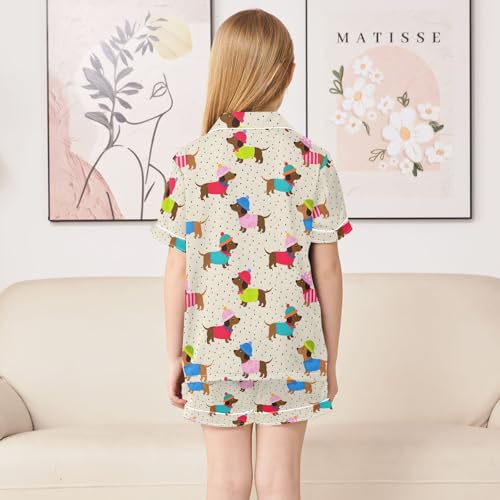 Brown Dachshund Cute Pattern Summer Satin Pajama Set, Cute Button-Down Sleepwear Pj Set for Sleep Wears4