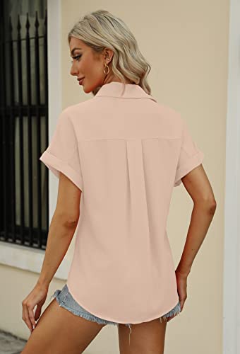 Beautife Womens Short Sleeve Shirts V Neck Collared Button Down Shirt Tops With Pockets Pink #TOP3