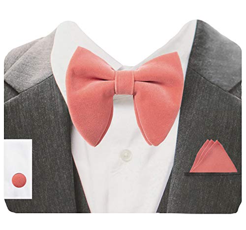 Image of GUSLESON Mens Solid Plaid Velvet Pre-tied Adjustable Bow Tie and Pocket Square Cufflink Set with Gift Box