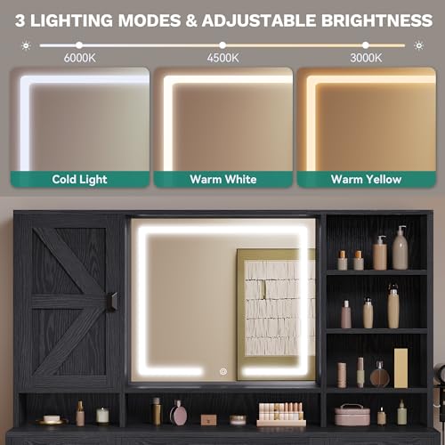 DWVO L Makeup Vanity Desk with Mirror and Lights, Farmhouse Big Lighted Vanity Table Set with 6 Drawers and Cabinet Shelves, 360° Rotation Large Dressing Table for Bedroom, Black