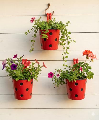 Image of Premium Hook Planter with Inner Pot | Polka Dot Hanging Planter for Balcony & Railings | Sturdy Plastic | Built-in Drainage | Vibrant Colours | Indoor & Outdoor Gardening (3 Pot, Red)